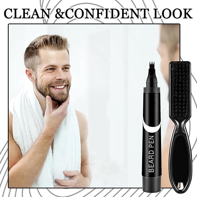 Beard Pencil Filler for Men, Waterproof High Coverage Beard Pen Kit with Beard Brush,Sweatproof Long Lasting Mustache Eyebrows Repair Pen with 4 Micro-Fork Tips(Black)