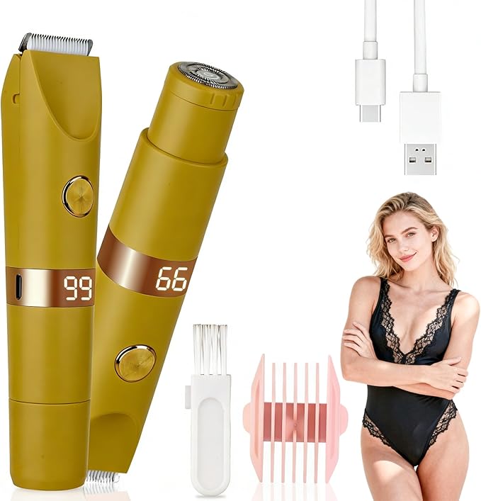 2-in-1 Electric Shaver & Bikini Trimmer with LED Display for Women & Men,IPX7 Waterproof Wet/Dry Electric Razor with Dual Head, Rechargeable Painless Body & Facial Hair Remover (Brown)