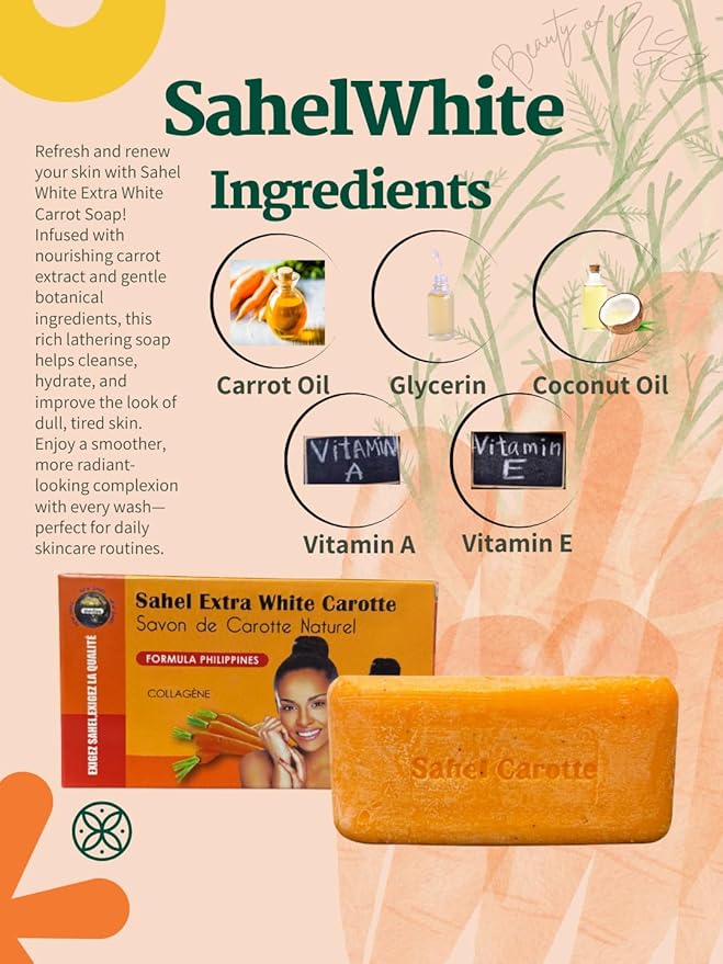 Sahelwhite Extra White Carotte Soap 180g β Natural Carrot Extract Body Bar β Cleansing & Nourishing Face and Body Soap β Savon de Carotte Naturel β Helps Improve Skin Clarity & Radiance