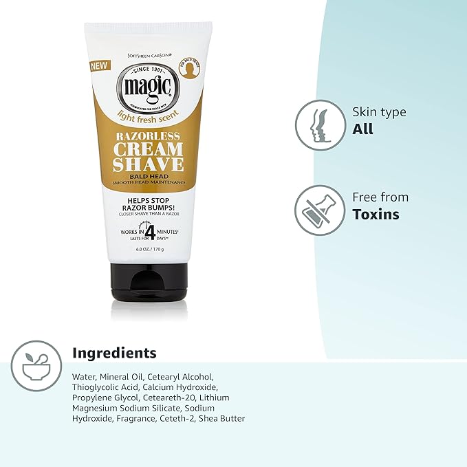 SoftSheen-Carson Magic Razorless Shaving Cream,Depilatory Hair Removal Cream,Works in 4 Minutes for Coarse,Curly Hair,6 Oz,(Pack of 2)