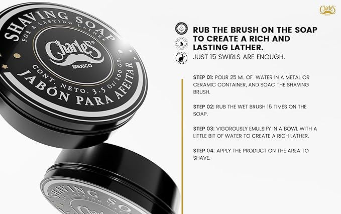 Charle's Premium Shaving Soap 3.5 Oz - With Menthol and Bergamot Fragrance - Consistent Foam - Biodegradable Ingredients - For 350 Applications