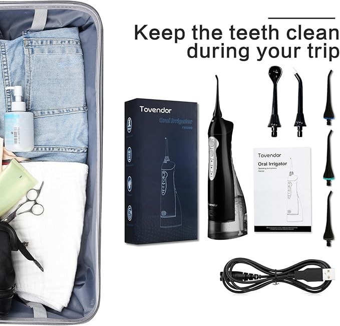 TOVENDOR Electric Water Dental Flosser Teeth Pick, Cordless Flossers Oral Irrigator IPX7 Waterproof 300ML Rechargeable Travel Water Teeth Cleaner with 5 Tips for Home Braces Care Gums Deep Cleaning