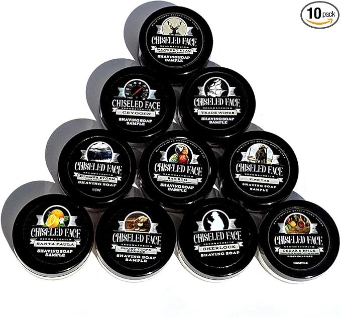 Shaving Soap Sampler by Chiseled Face — Santa Paula, Pine Tar, Sherlock, Cedar & Spice, Summer Storm, Trade Winds, Ghost Town Barber, Cryogen, and Midnight Stag — Handmade Shaving Soap