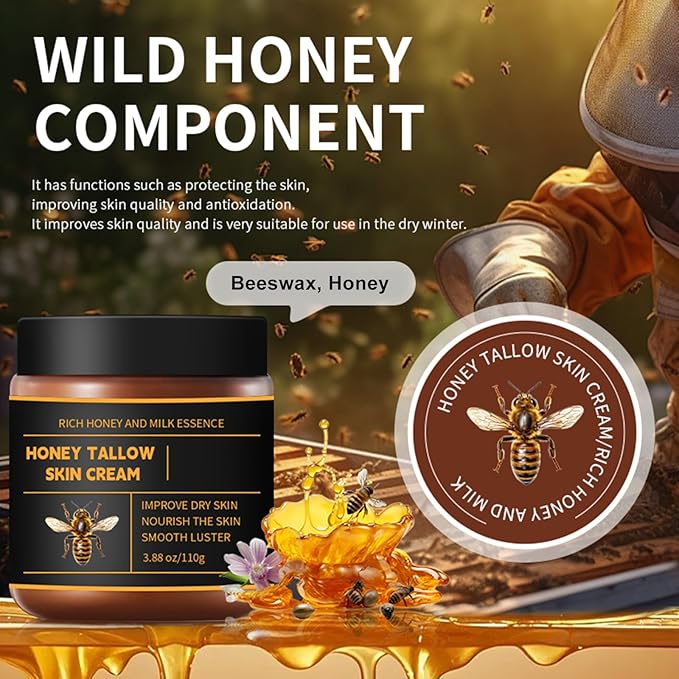 Beef Tallow Honey Balm for Skin & Face, Whipped Beef Tallow Face Moisturizer with Honey, Grass Fed Beef Tallow Cream, All Natural Pure Body Lotion for Women & Men Dry Sensitive Skin, 3.88 OZ