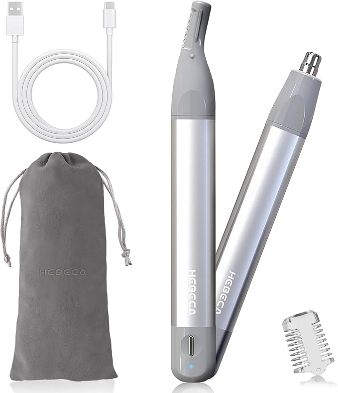 Nose Hair Trimmer for Men Women 2in1 Facial Hair Removal Trimmer - Metal Body, Rechargeable, Waterproof, Portable - Nose, Ear, Eyebrow, Peach-Fuzz, Lips, Chin (Silver)