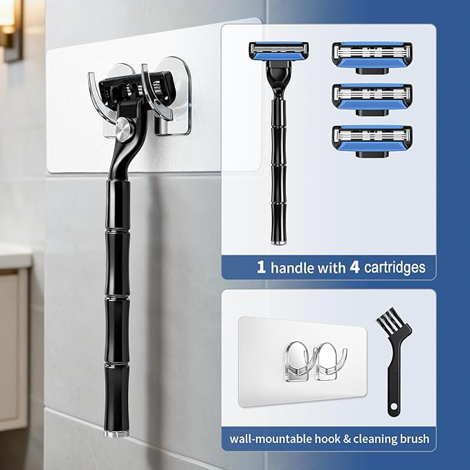 Men's Razor Blade Refills, 4 Count, 3-Layer Ceramic Coated Blades with Lubricating Strip, Matching Handle, Wall Hook & Cleaning Brush Included for Smooth Shaving