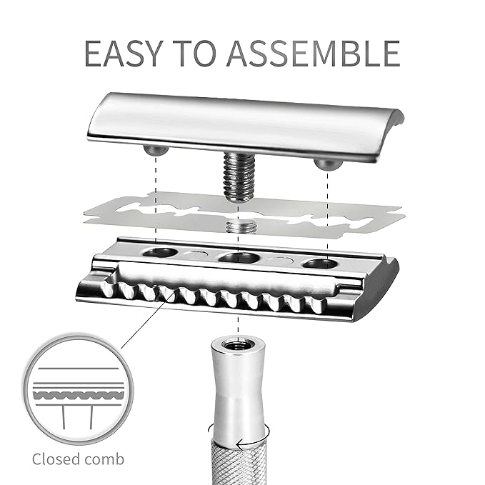 Bambaw Double Edge Safety Razor for Men with Stand, Reusable Metal Razor with 5 Double Edge Blades, Single Blade Razors for Men & Women – Silver