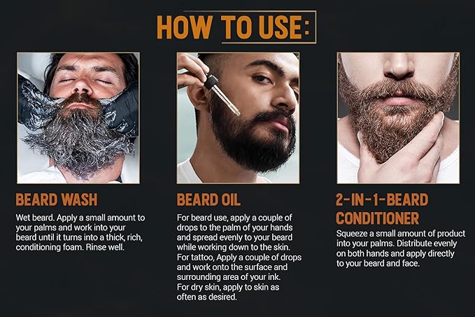 Woody's Beard Stuff 3 Piece Kit, Beard & Tattoo Oil, Wash, 2 in 1 Facial Hair Conditioner, Cleanse, Moisturize, and Style