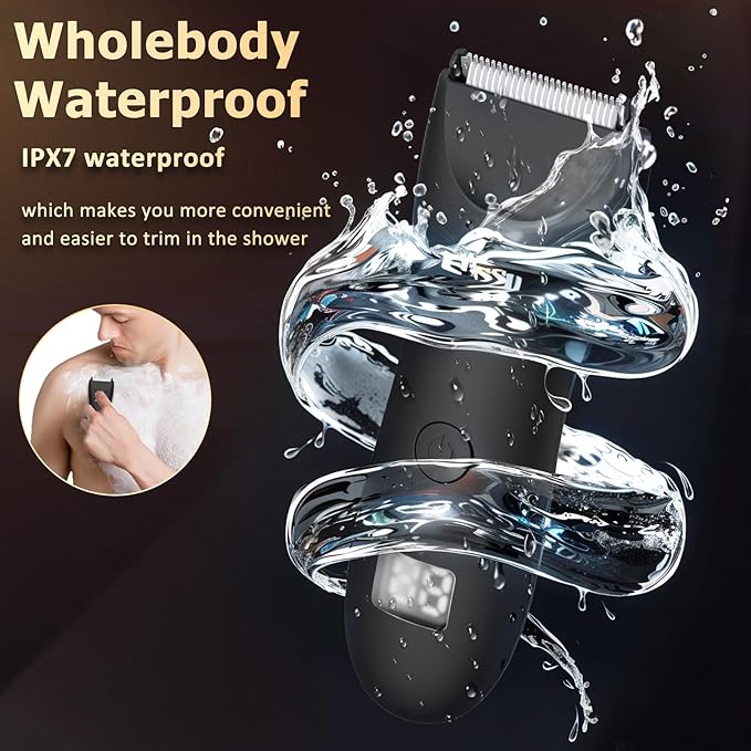 Body Hair Trimmer for Men with Light, IPX7 Waterproof Ball Pubic Groin Hair Trimmer for Men with Ceramic Blade, Rechargeable Body Groomer for Man with Charing Dock& LED Display,Black