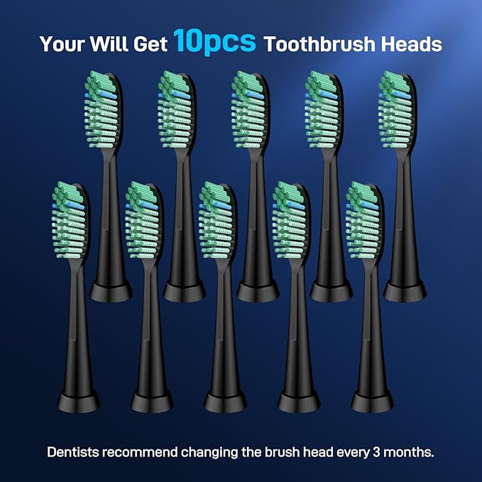 Toothbrush Replacement Whitening Heads Compatible with TAO Clean Sonic Electric Toothbrush - Brush Heads Refills, Medium Bristles, Black