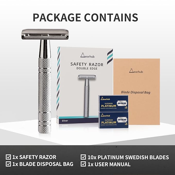 Gearhub Double Edge Safety Razor Reusable Stainless Metal Wet Shaving Razor with 10 Swedish Platinum Blades for Men Women Barber Bikini Armpit Hair, Silver GRB2D