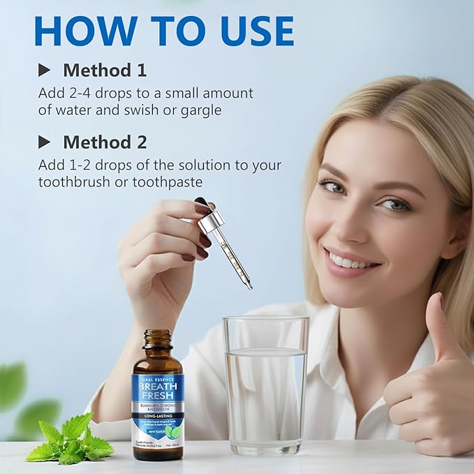 Bad Breath Treatment for Adults, Breath Drops for Fresh Breath, Fast-Acting, Long-Lasting, Natural, Alcohol-Free, Boosts Confidence for Socializing, Daily Oral Care, 60ML
