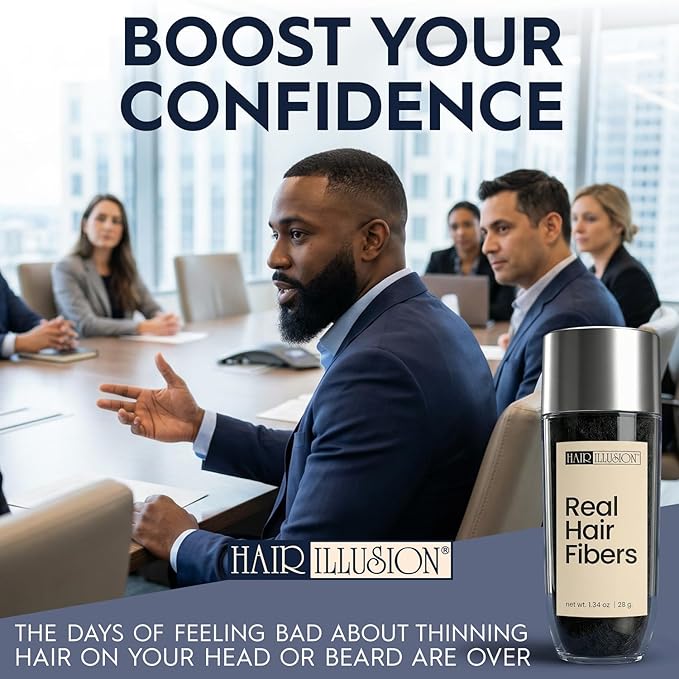 Hair Illusion Black Real Hair Fibers for Thinning Hair - 100% Natural Texture, Non Synthetic Hair Fibers - Bald Spot Cover Up for Women & Men - 38 Gram