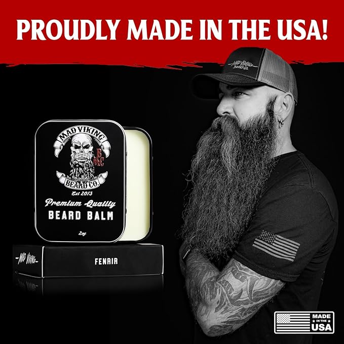 Mad Viking Fenrir Beard Balm – Non-Greasy Balm to Soften and Style with a Medium Hold - Made with Shea Butter, Beeswax & Premium Oils - Bold Bourbon, Neroli, Rum & Tobacco Scent, Made in the USA - 2oz