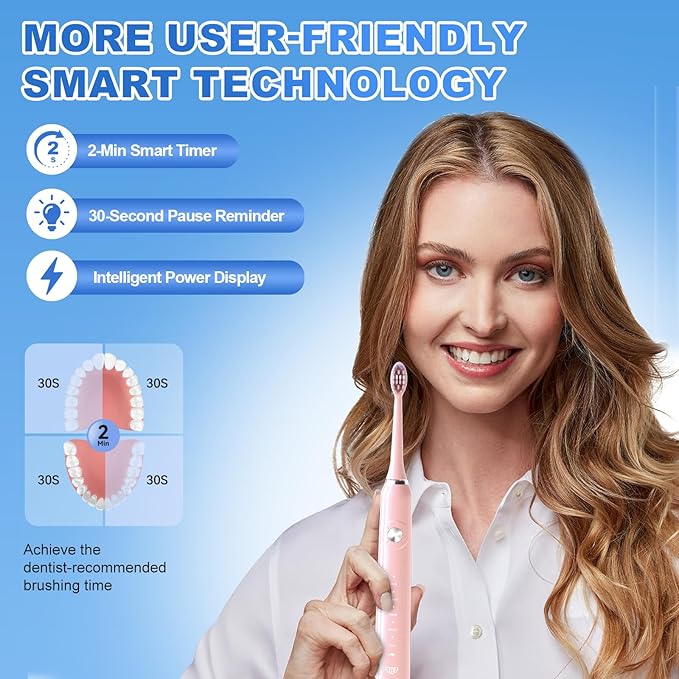 JTF Sonic Electric Toothbrush for Adults: 5 Modes with Smart Timer for Deep Cleaning & Whitening, 2 Brush Head Types for Sensitive Teeth, Gums & Braces, Travel-Friendly Case and Wireless Charging Base