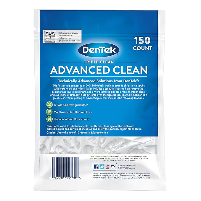DenTek Advanced Clean Floss Picks with No Break & No Shred Dental Floss,Plaque Remover,150 Count (Pack of 2)