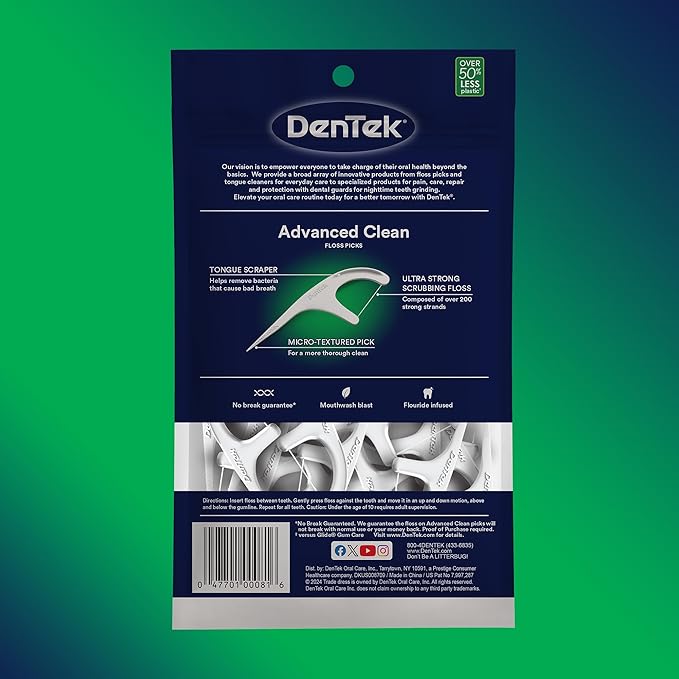 DenTek Advanced Clean Floss Picks with No Break & No Shred Dental Floss, Plaque Remover, 90 Count