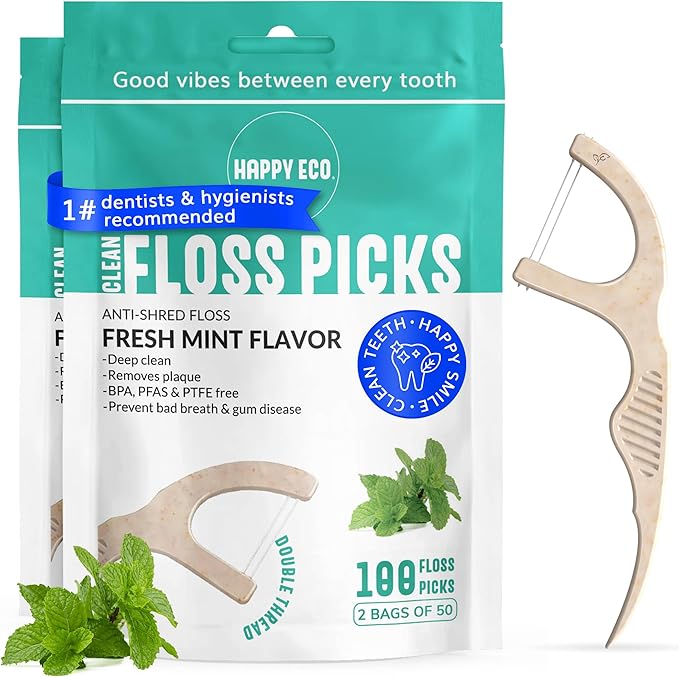Dental Floss Picks for Teeth (100ct) - Double Thread Tooth Picks Flossers for Adults, Toothpicks Floss, Vegan Corn-Straw Handle, Shred-Resistant String for Interdental Oral Care & Gum Health, Mint