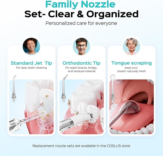 COSLUS C51 Portable Water Flosser for Teeth: 3 Modes & 6 Pressure Settings with Jet Mode Water Dental Pick for Orthodontic, Braces, Sensitive Gums, Compact for Travel, 300ML for Multiple Users, Blue