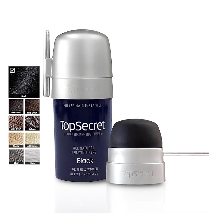 Top Secret Hair Thickening Building Fibers Applicator Included - Undetectable & Natural Hair Filler - for Men & Women - Instantly Fill In Thinning Hair - Weather & Sweat Resistant (Black, Regular)