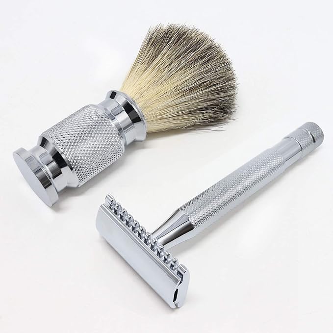 Jolitac Wet Shaving Kit For Men - Badger Hair Shaving Brush, Stainless Steel Bowl Mug, Double Edge Safety Razor, Men's Safety Razor Grooming Gift Set (Silver)