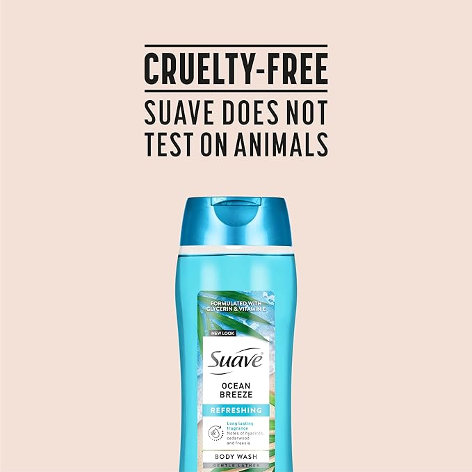 Suave Ocean Breeze Moisturizing Body Wash with Glycerin & Vitamin E, Hydrating Formula For Soft, Smooth Skin, Long Lasting Fragrance, 18 FL OZ, 6 Count
