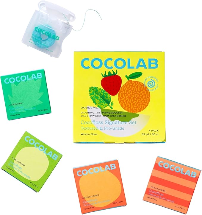 Cocofloss Woven Dental Floss, Dentist-Designed Oral Care, Waxed, Vegan, Kid-Friendly, with Coconut Oil, 4-Pack of Mint, Coconut, Orange, Strawberry (33 yard Each)