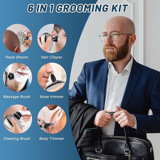 Electric Head Shavers for Men:- 6 in 1 Head Shavers for Bald Men, IPX6 Waterproof Men's 8D Electric Head Razor, Wet&Dry Rotary Shaver Grooming Kit with Nose Beard Trimmer Hair Clipper