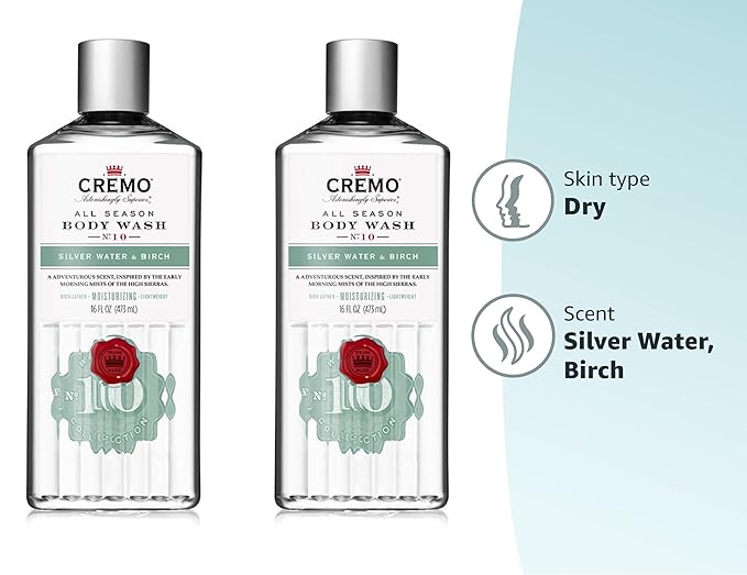 Cremo Rich-Lathering Silver Water & Birch Body Wash, A Revitalizing Combination of Glacier-Fed Streams and White Birch 16 Fl Oz (2-Pack)