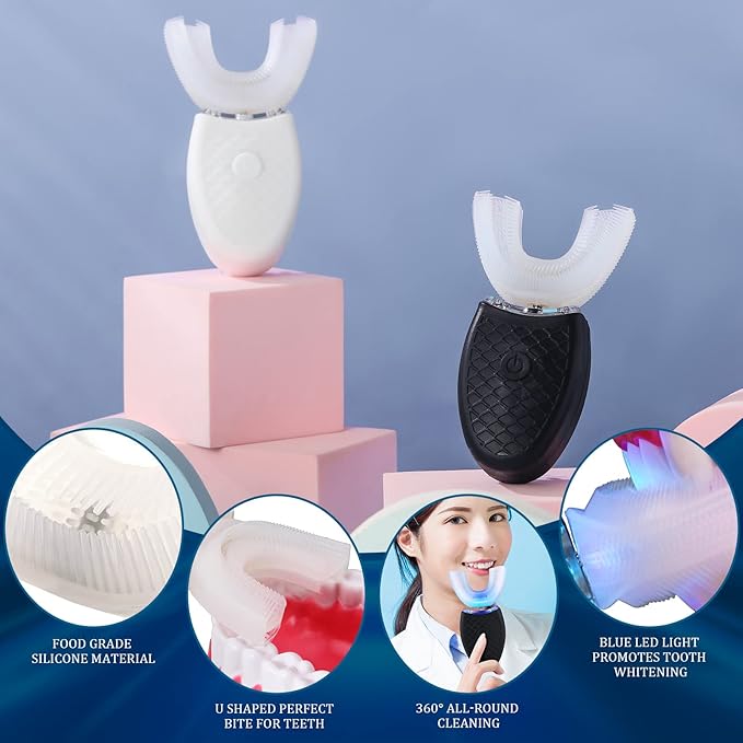 2 Pieces Ultrasonic Electric Toothbrush Adults U Shaped Automatic Toothbrushes for Teeth Whitening, 3 Brush Heads, Whole Mouth 360 Degree Cleaning Hands Rechargeable IPX7 Waterproof (No Base)
