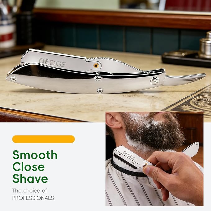DEDGE Professional All Stainless Steel Straight Razor-Double Edge Razor Barber Beard Shaver with 10 Double Edge Blades for Barber Personal Grooming