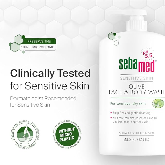 Sebamed Olive Face and Body Wash With Pump for Sensitive and Delicate Skin pH 5.5 Ultra Mild Dermatologist Recommended Cleanser 33.8 Fluid Ounces (1 Liter)
