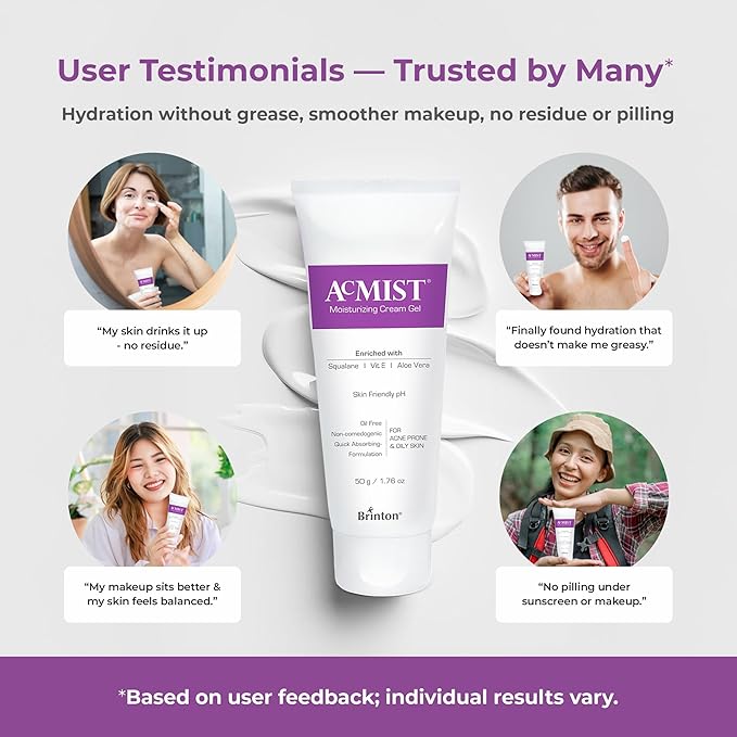 Acmist Moisturizing Cream Gel for Oily & Acne-Prone Skin | Oil-Free, Non-Comedogenic, Quick Absorbing & Makeup Friendly | With Vitamin E, Aloe Vera & Squalane | For Men, Women & Teens | 50g/1.67 oz.