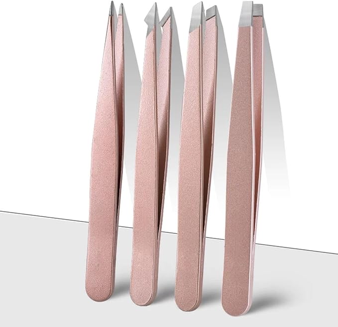 4-Piece Stainless Steel Tweezer Set - Tweezers for Eyebrows, Precision Tweezer Set for Women & Men - Ingrown Hair Tweezer, Long Lash & Eyelash Tweezers, Tweezers for Crafting (Rose Gold)