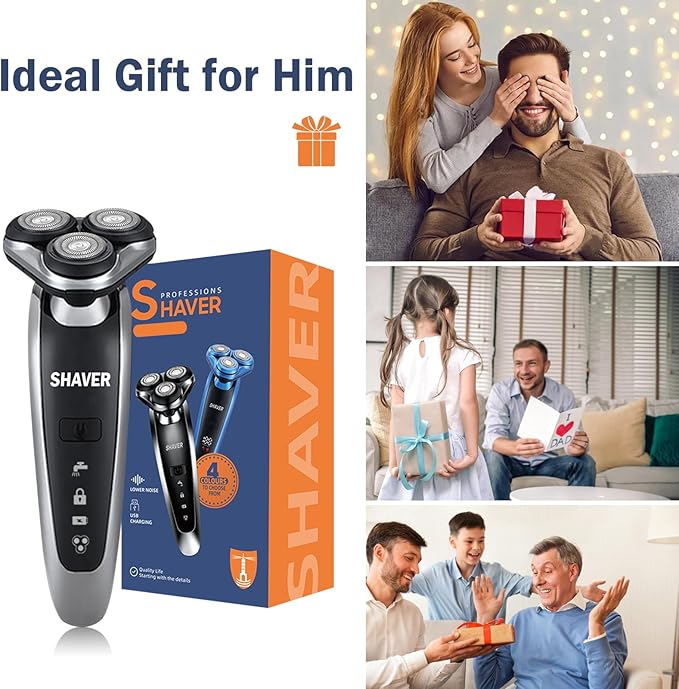 Electric Shaver for Men - Rechargeable Razor 3D Precision Blades with Pop-up Trimmer - Rotary Cordless Shavers Washable Gentle on Sensitive Skin for Beard Sideburn Face with Travel Lock Men Gift