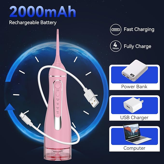 Water flossers for Teeth Pick, Portable Oral Irrigator Dental with 4 Modes 5 Jet Tips, IPX7 Rechargeable Water Tooth Flosser for Braces Sensitive Gum Care,300ml Tank for Home Travel Use