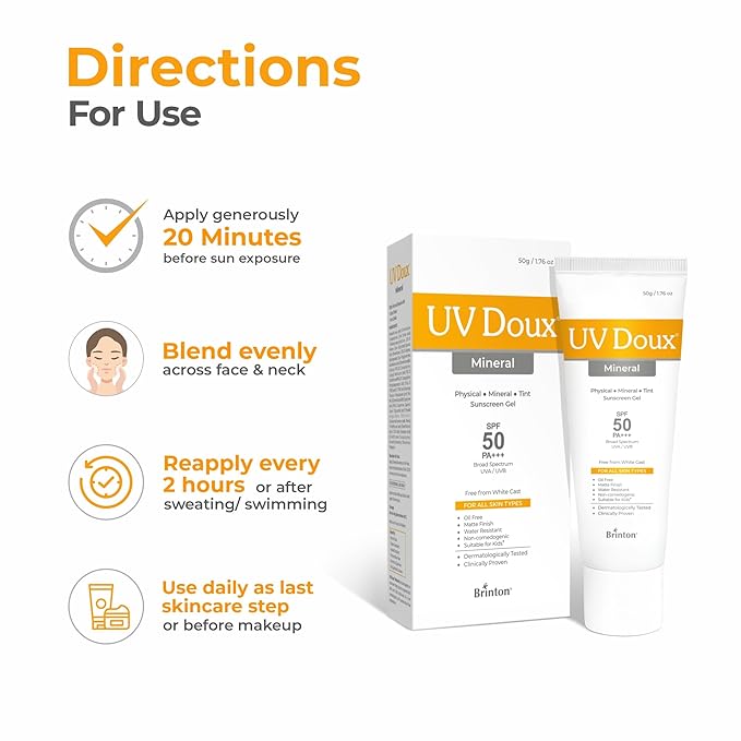UV Doux Mineral Sunscreen SPF 50 PA+++ | Tinted, Oil-Free, Water Resistant | No White Cast | Zinc & Iron Oxide | For Sensitive & Acne-Prone Skin | Broad Spectrum, 100% Mineral | Men, Women 50g/1.7oz