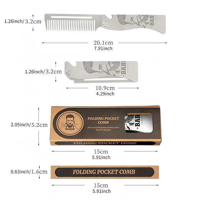 Metal Hair & Beard & Mustache Comb, Multifunctional Folding EDC Pocket Comb With Bottle Opener - Anti-Static for Travel and Everyday Grooming Styling - Silver