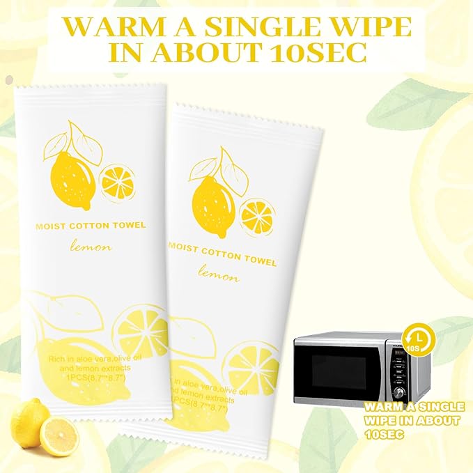 Moist Cotton Towel Bulk Moist Towelettes Individually Wrapped,White Towel Services,Refreshment Pre Moistened Towels for Dentist Travel Sport Party Hotel 50,Lemon