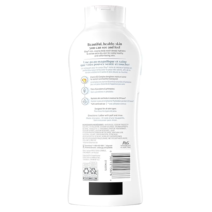 Olay Body Wash for Women, Ultra Moisture, For Extra Dry Skin, 24hr Moisturizing, Hydrating & Refreshing, B3 Vitamin Complex, Free of Parabens & Phthalates, Scented, 22 fl oz