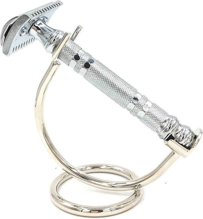 Curved Chrome Razor Stand β All-Metal Chrome-Plated Holder for Safety Razors with Handle Length 80 mm & Up β Sleek Finish & Sturdy Design