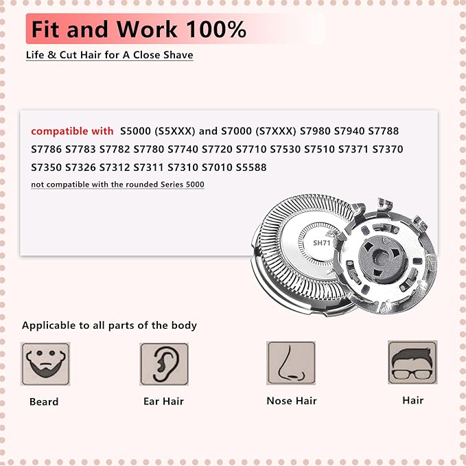 SH71 Replacement Heads for Philips Norelco Shaver Series 7000 and 5000,Upgraded SH71/52 Compatibility Double Blades for 7000 Replacement Heads,forShavers Series S5000 (S5XXX),S7000 (S7XXX)