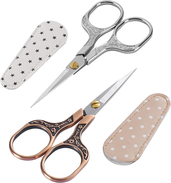 Small Sharp Grooming Scissors Set, Precision Hair & Beard Trimming Shears with Needle-Fine Tip, Vintage Stainless Steel Design, Large Finger Holes, with Protective Sheaths