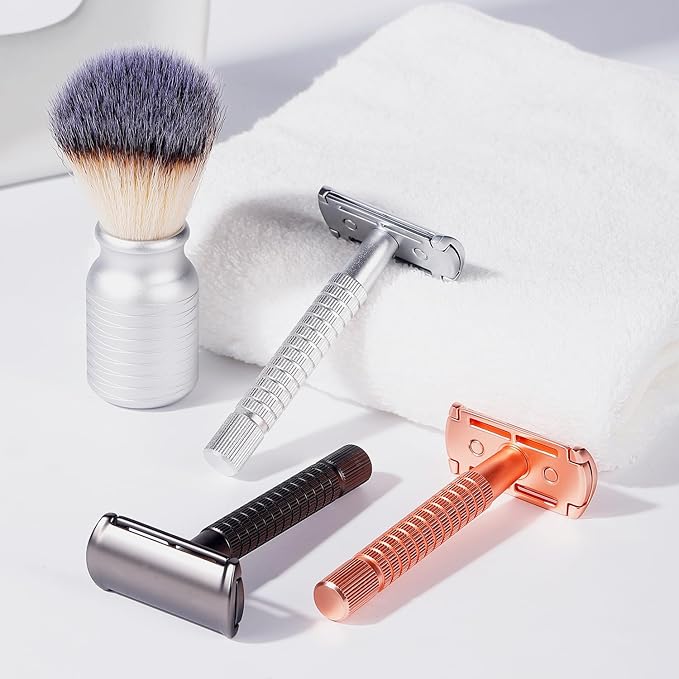 Men's and Women's Manual Razor Safety Razor with 10 Double Edge Blades, Double Edge Razor, Reusable Razor Kit, Eco-Friendly, Smooth Close Shave, Plastic-Free (Black + base)