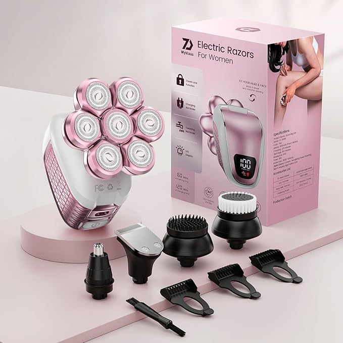Electric Razors for Women Legs: 5-in-1 Electric Shaver with 7D Head - IPX6 Waterproof Wet Dry Hair Remover with LED Display & Travel Lock for Face Bikini (White Pink)