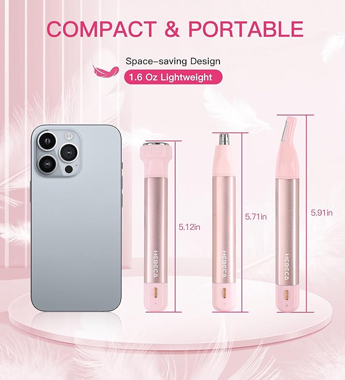 Nose Hair Trimmer for Women 3in1 Facial Hair Removal Trimmers- Rechargeable, Waterproof, Portable with Travel Bag- Trims Nose, Ear, Eyebrow, Peach-Fuzz, Lips, Chin Face Hair Remover (Pink)