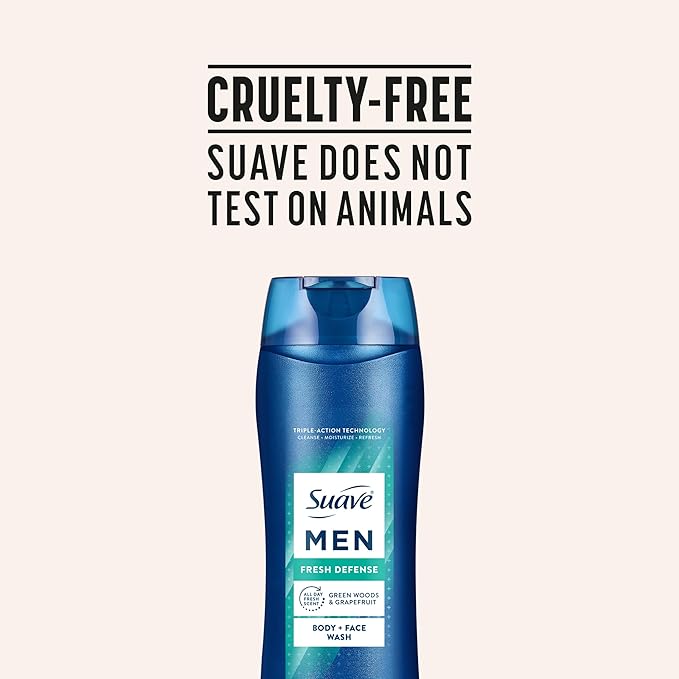 Suave Men Fresh Defense 2in1 Body & Face Wash with Glycerin & Vitamin E, Paraben & Phthalate Free, Cleanse, Moisturize & Refresh, Long-Lasting Fragrance, 18 FL OZ, 6 Count