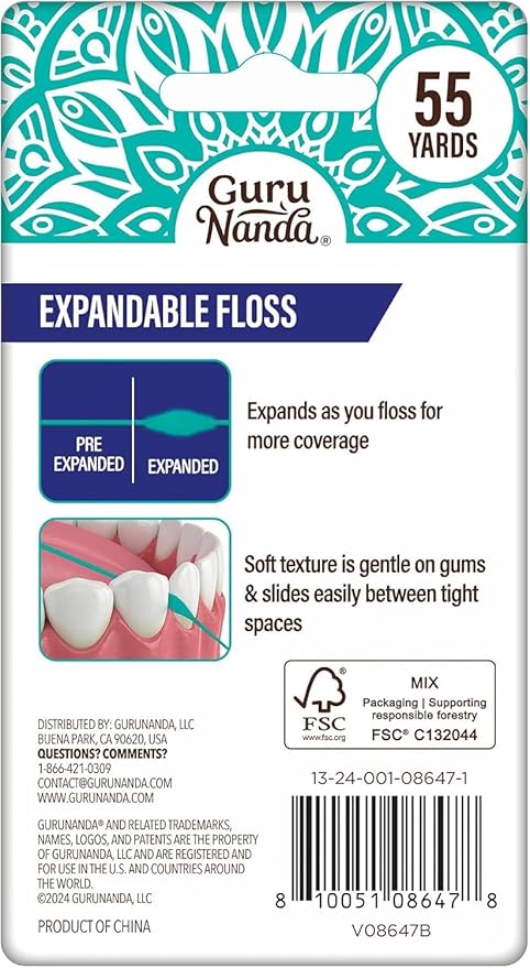 GuruNanda Expandable Waxed Dental Floss for Gentle, Deep Cleaning Wide Teeth Flossing - Peppermint Flavor - 55 Yards (Pack of 2)