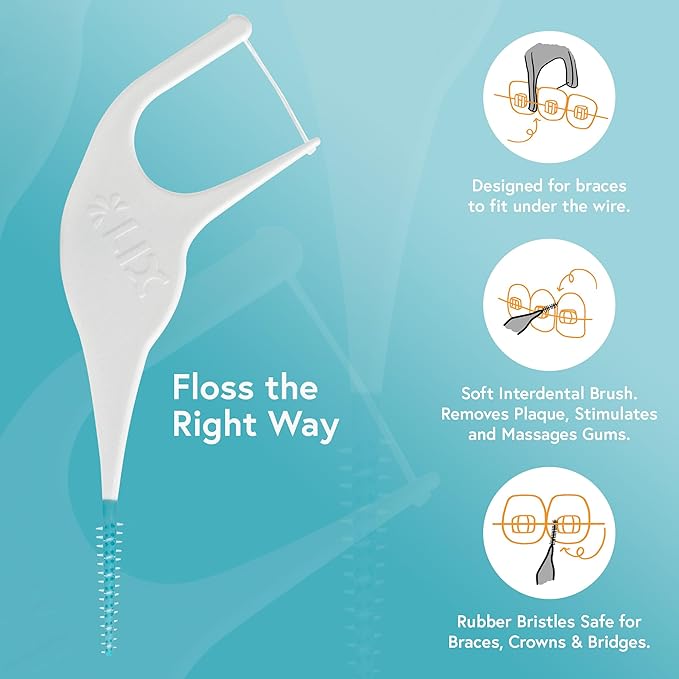 LIX Orthodontic Flossers for Braces with Interdental Brush, 120 Unflavored Floss Picks for Braces Cleaning