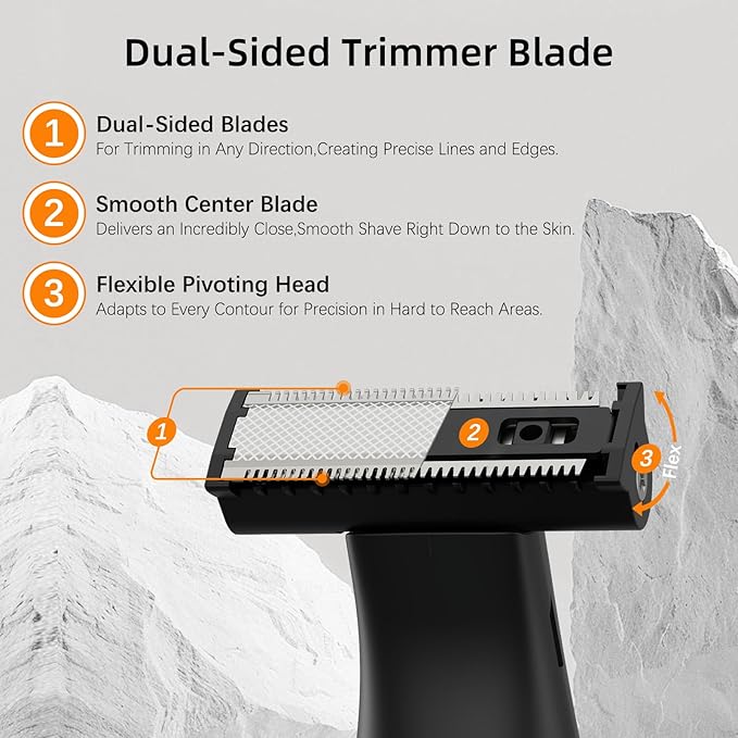 RUIM 3-in-1 Men's Body Groomer - Waterproof Electric Shaver for Groin, Chest, Back & Body Hair, with Nose & Eyebrow Trimmer Attachments for Painless Wet/Dry Use